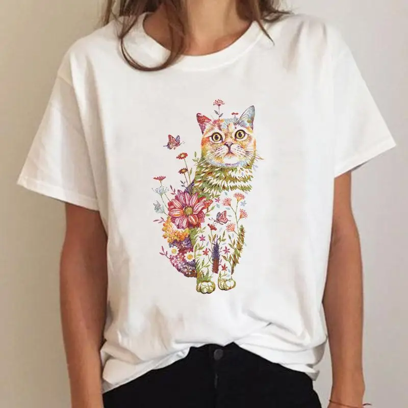 

Clothes Ladies Fashion Flower Cat New Spring Clothing T-shirt Summer Tee Women Graphic T Shirt Short Sleeve Cartoon Female Top
