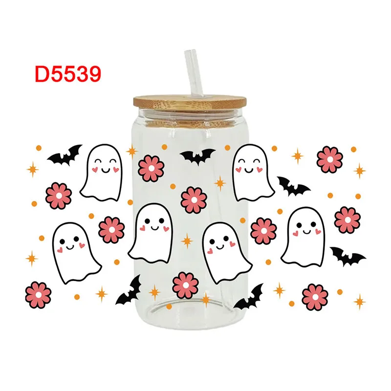 Halloween Spooky UV DTF Cup Wrap Transfers Stickers Waterproof 16oz Glass Wrap D5534