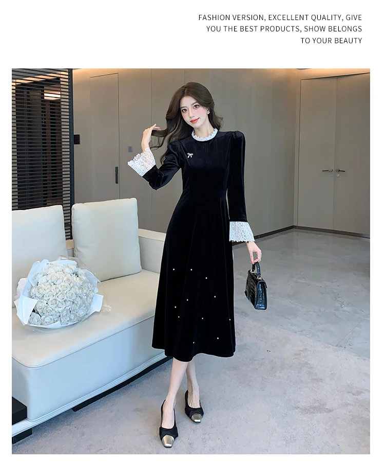 Mujer Primavera Verano Nuevo Elegante Terciopelo Patchwork Midi A Line Vestidos Manga Larga Dama Fiesta Moda Una Pieza Bata