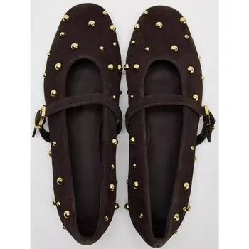 Flat Shoes for Women Spring/autumn Brown Imitation Suede Studded Round Toe Ballet Flats with Straight Stripes Mary Jane Pumps 1