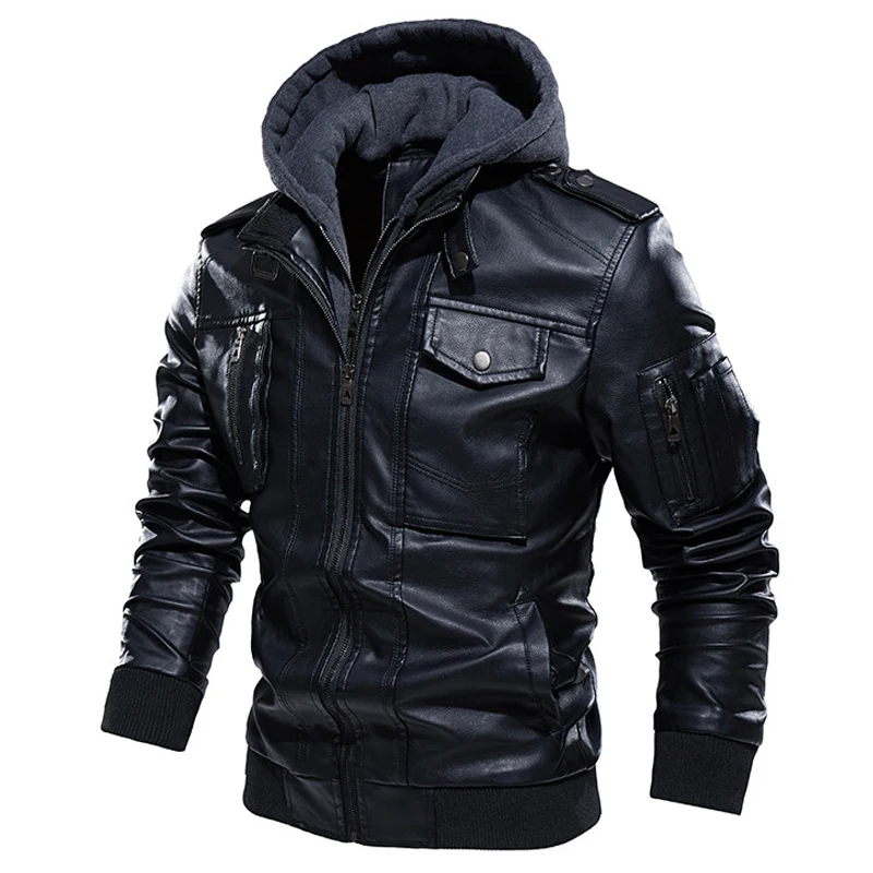 Leather Jackets Men Winter Jacket Vintage Hooded Collar Club Bomber PU Leather Motorcycle Casual