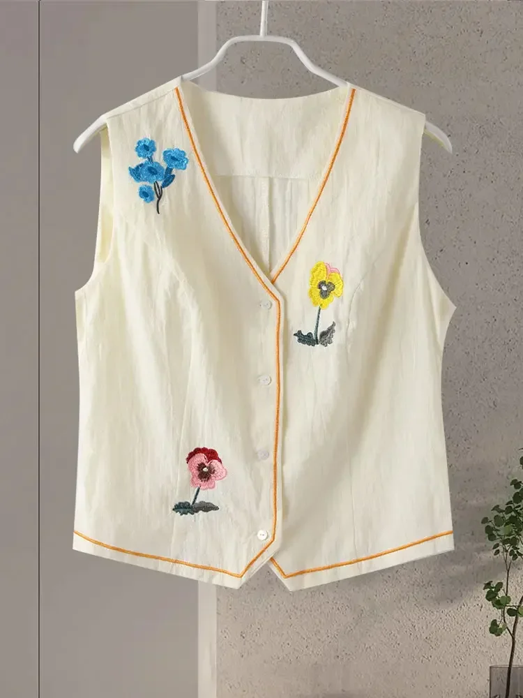 New Conjunto De Pantalones Cortos Bordados Para Mujer, Traje De 2 Piezas Sin Mangas Con Botones, Chaleco Y Pantalón Corto,