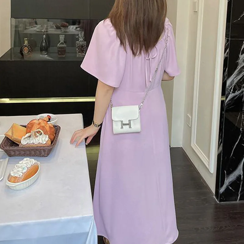 Simplicity Square Collar Pullover Womens Korean Pleated Lace-up Summer Clothes Purple Short Sleeve Plus Size Midi A-line Dresses