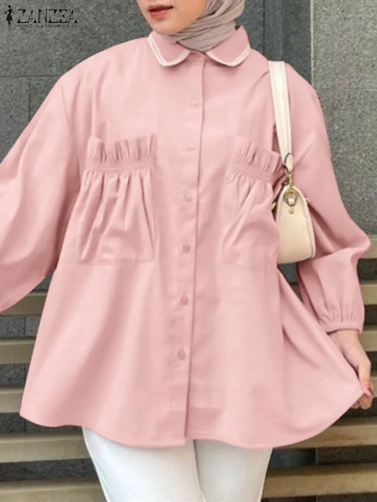

Oversize Women Lapel Neck Long Sleeve Blouse Autumn Muslim Abaya Shirt ZANZEA 2023 Elegant Casual Loose Tops Islamic Clothing