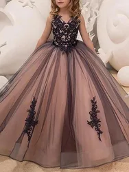 Temperament Lace Princess Dresses V-Neck Embroidery Girls Birthday Gowns Flower Girl Dress Princess Sleeveless Vestidos