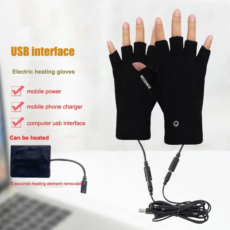 Black Winter Heated Gloves USB Charging Heating Polyester Half Finger Gloves For Men Women Motorcycle Cycling Skiing 5