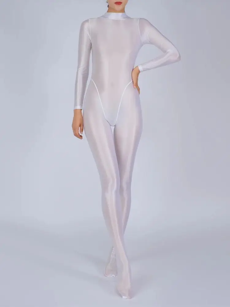 Shiny Stand Collar Back Zipper Catsuit Bodystocking High Cut Patchwork Bodysuit Tights Sexy Leotard Conjoined Jumpsuit Unitard 2