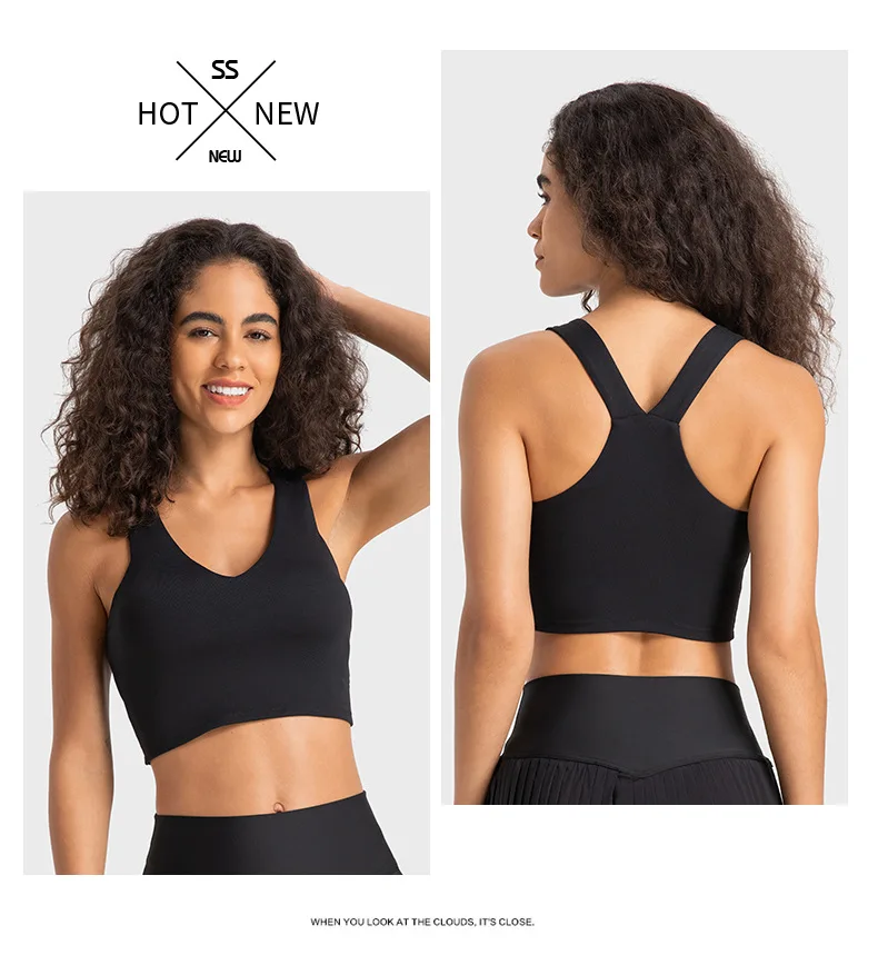 Solid Color Wide Shoulder Strap V-Neck Women Sports Tank Fitness Yoga Bra Crop Top Push Up With Chest Pad High Impact Shockproof