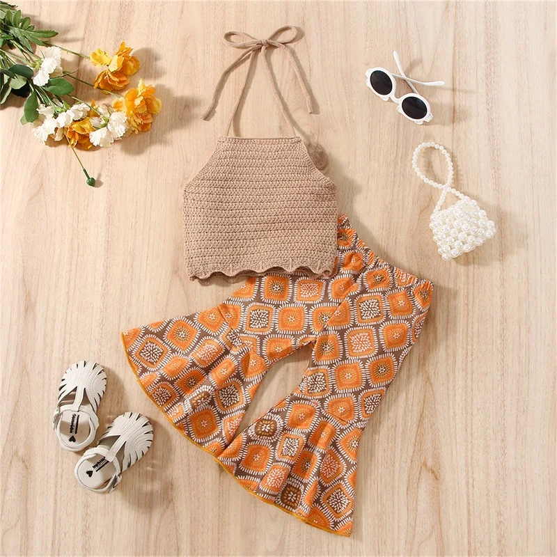 

EWODOS Infant Baby Girls Summer Fashion Outfits Pant Sets Summer Sleeveless Halterneck Tops + Geometric Print Flared Pants Set