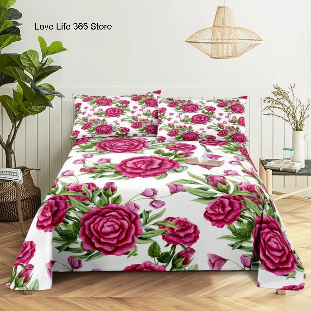 Pink Rose Bed Sheet Sets 3D Print Flowers Flat Soft Cover For Women Kids Girls King Queen Full Twin Size Linen Room Decor 2