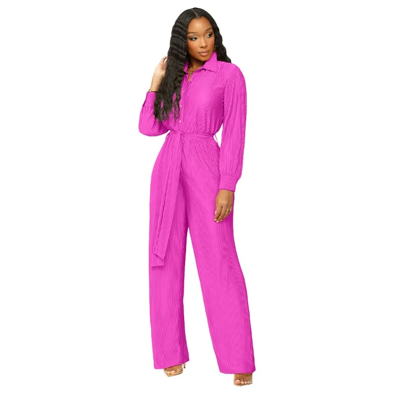 2023 Fall Winter Solid Pleated Loose Jumpsuit with Belt Women Turn Down Collar Long Sleeve Buttons Romper Wide Leg Pants Overall