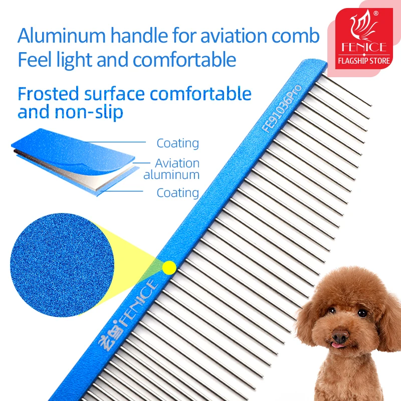 Fenice Pet Grooming Comb for Dog Metal Tail Comb Cat Animals Groomer Tools Blue/Purple/Pink/Black for Groomer Stylist