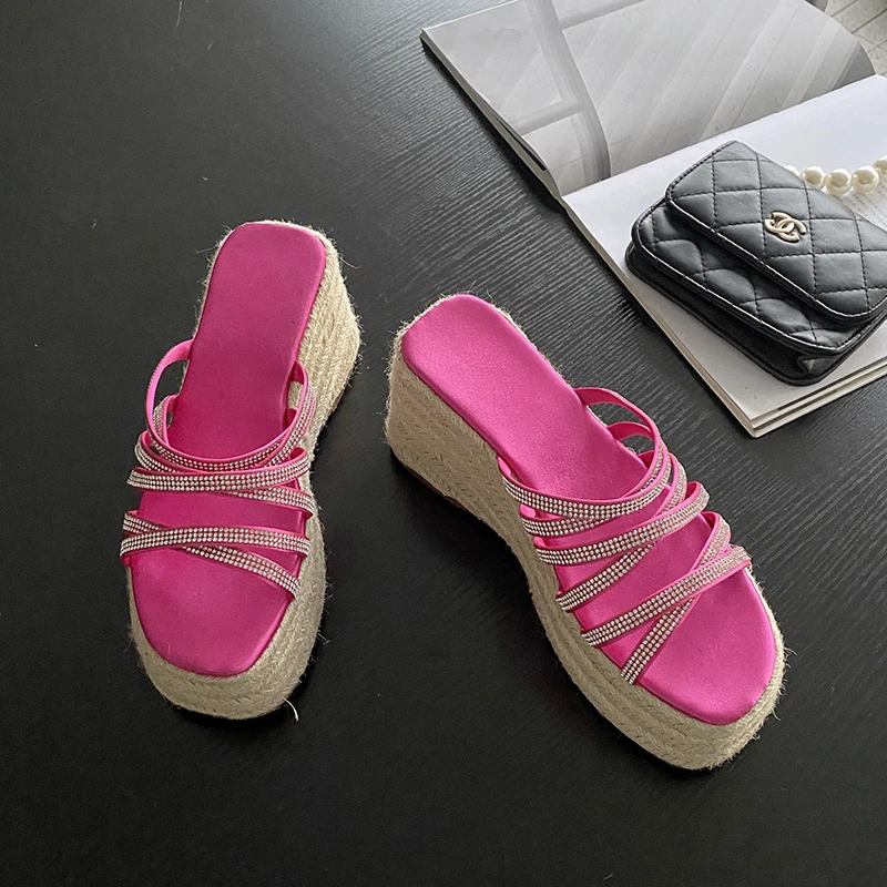 

Platform Rattan Grass Woven Wedges Women's Slippers Rhinestone Strap Hollow Summer Slip On Slides Muller Shoes For Women Big 42