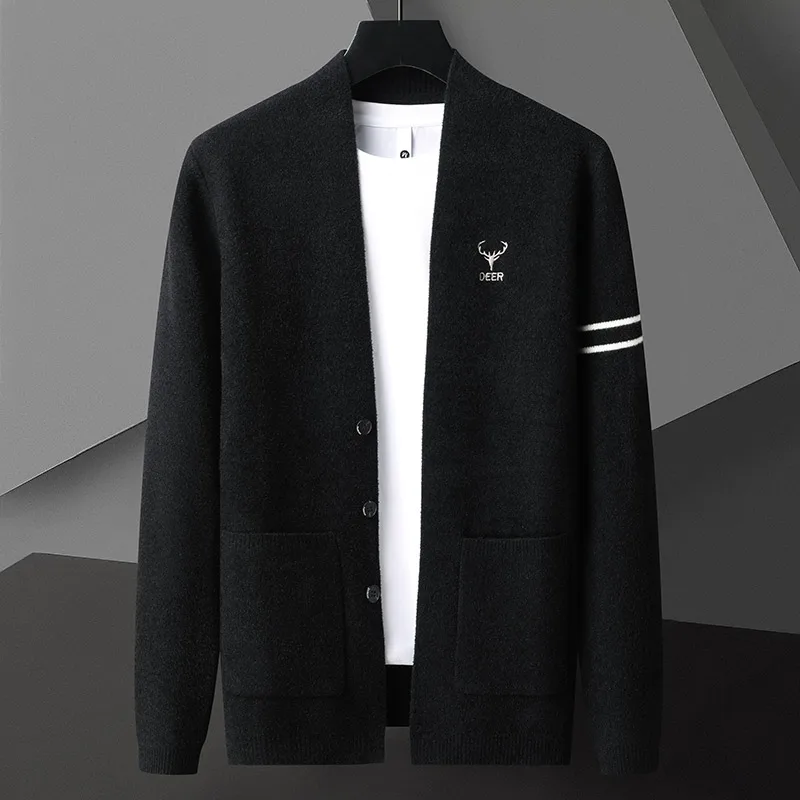 High End Fashion Mens Knitted Cardigan Autumn Winter Preppy style Business Casual Slim Deer Head Embroidery Pocket Sweater Coat 3