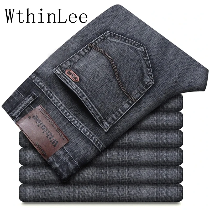 

Classic Style Men WthinLEE Brand Jeans Business Casual Slim Denim Luxury Pants Male Gray Trousers Size 28-40