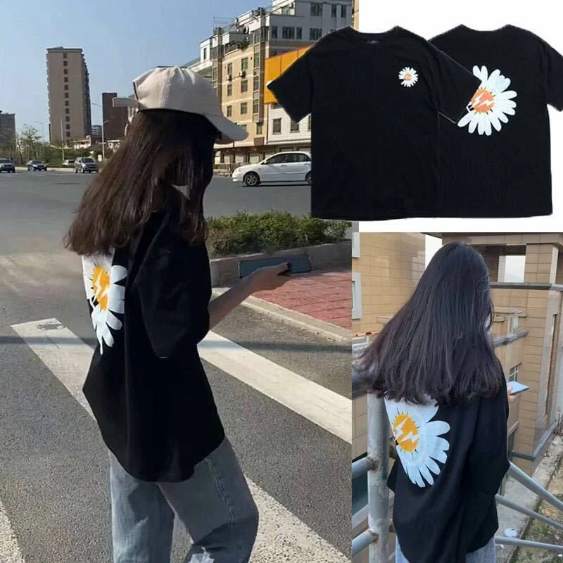여름 한국 스타일 면 반팔 남성 티셔츠 캐주얼하고 패셔너블한 스트리트 여성 티셔츠 국화무늬