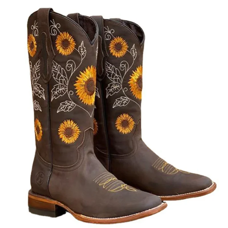 Winter Women Fashion Boots Outdoor Comfort Walking Shoes Embroidery Brown Leather Boots Deep High Tube Female Casual Shoe Botas - 5