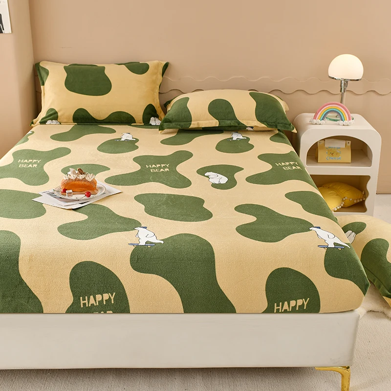Super Warm Bed Sheet for Winter Cartoon Style Fitted Bed Sheet Queen/King Size fundas de colchón Reactive Printed All-inclusive 2