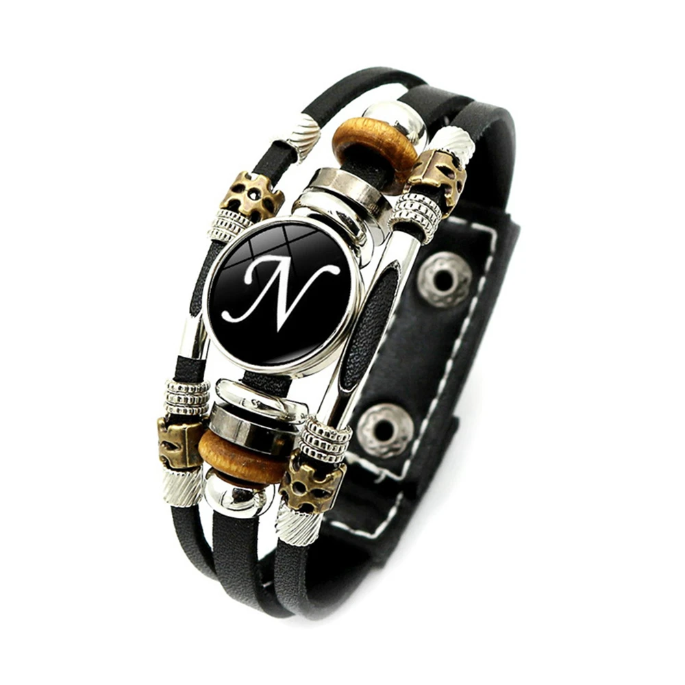 Leather Bracelet Vintage Punk Men Letter Leather Bracelet Handmade Braided Multilayer Adjustable 26 Initials ID Name Friendship