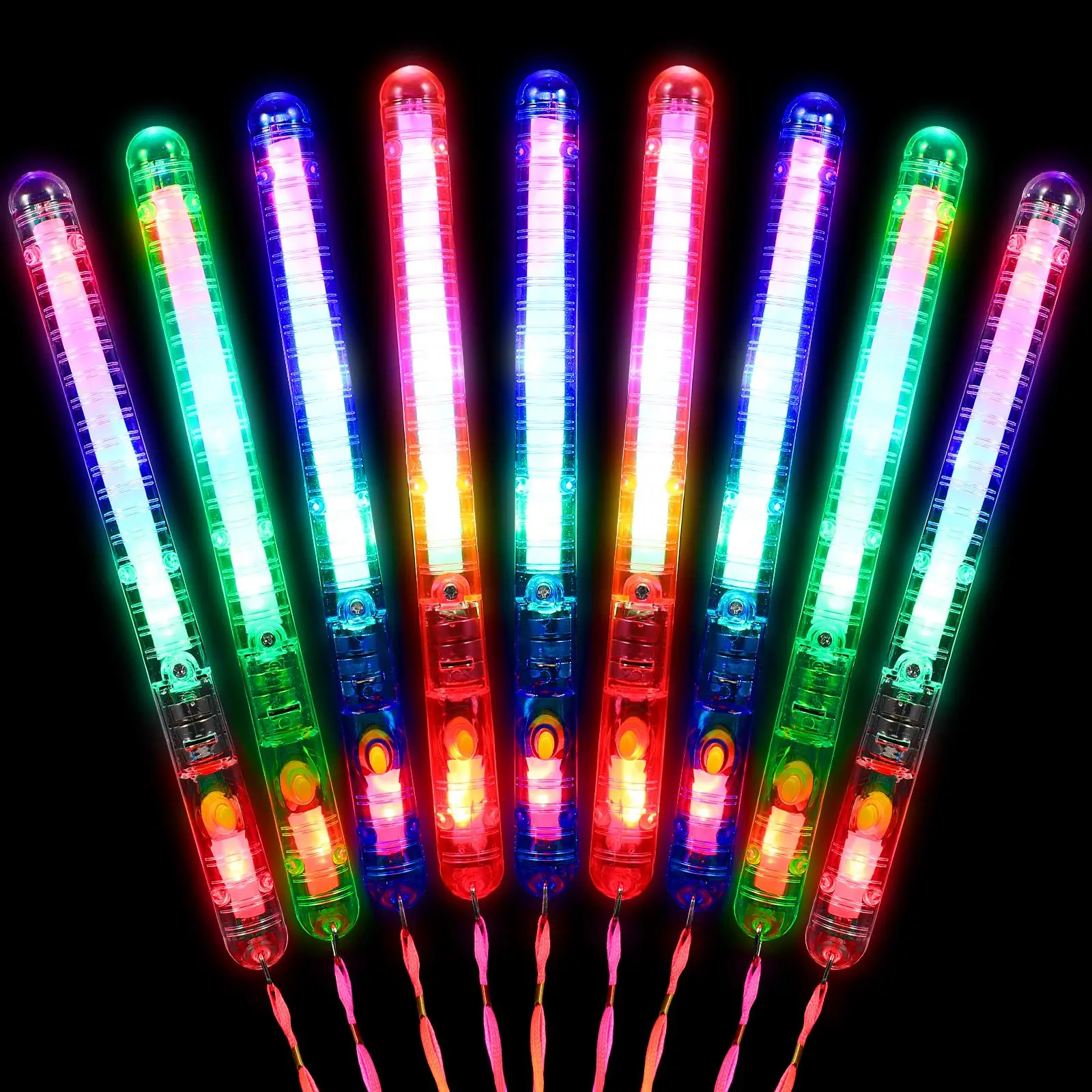 12pcs Flashing LED Wand Sticks Glowing Cheer Wands Multicolor Light Up Wands With Lanyards For