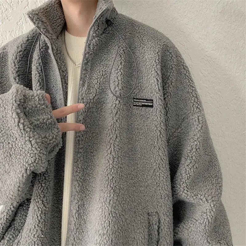 Winter KPOP Fashion Harajuku Coat Men Loose Casual All Match Tops Stand Collar Long Sleeve Male Clothes Thick Zipper Outerwear