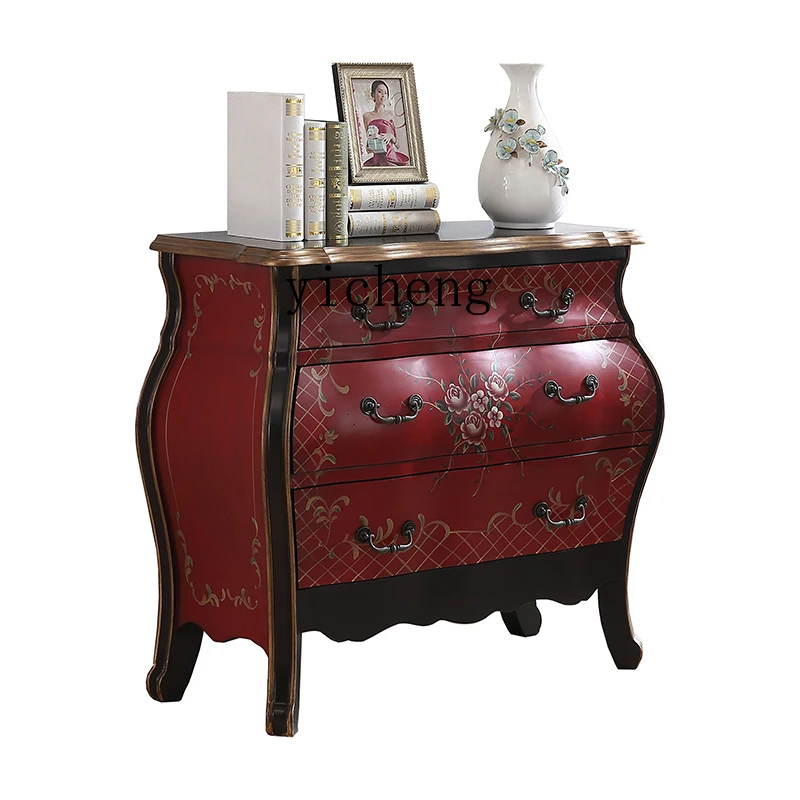 

XL American Pastoral Painted Three-Bucket Cabinet Living Room Locker Retro Porch Storage Chest of Drawers