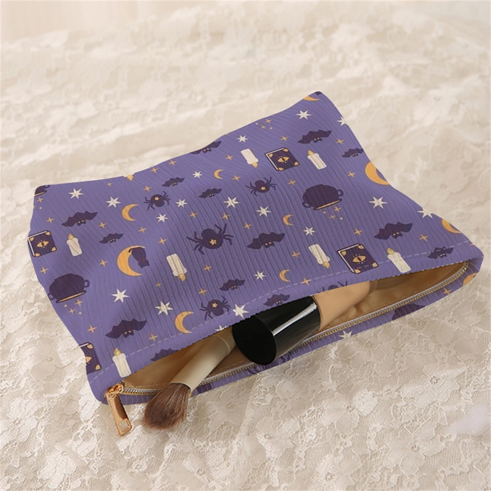 1 bat and star patterned corduroy makeup bag, lightweight zipper makeup storage box, multifunctional bag with lining