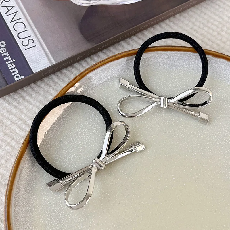 Sweet Cool Style Metal Bow Hair Rope Simple Cold Style Silver Sweet and Spicy Hair Band High Elastic Ponytail Rubber Band