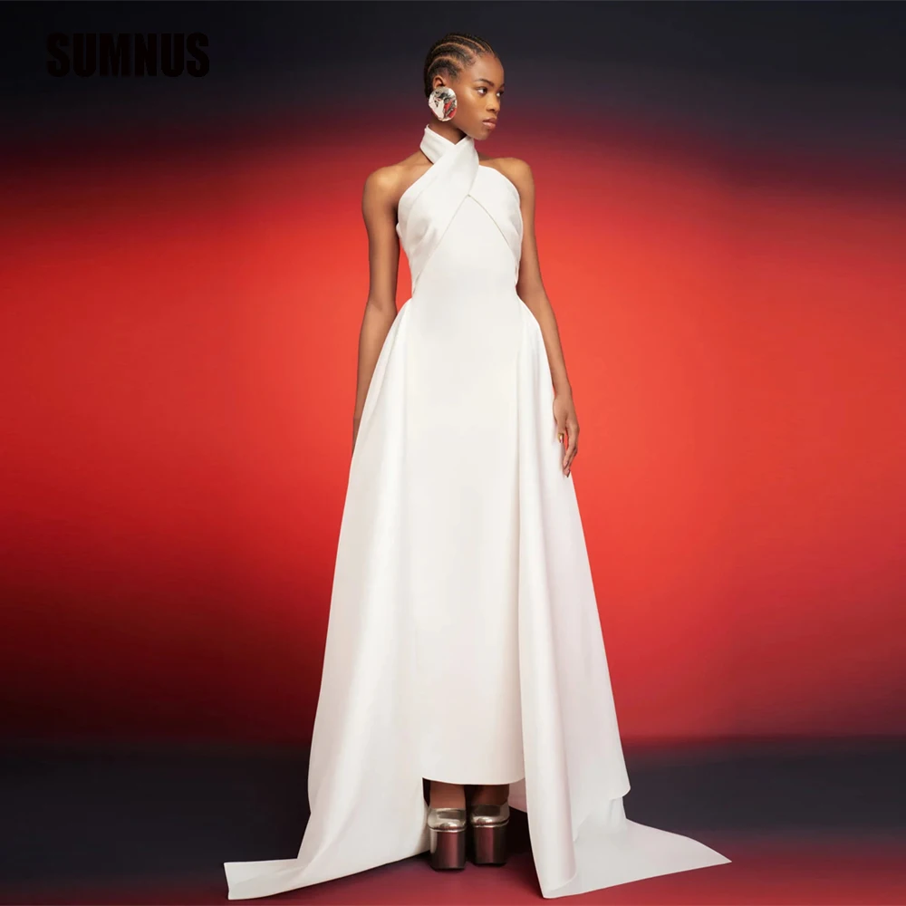 

SUMNUS Modern White Halter Satin Evening Party Dresses Arabic Lady Prom Gowns Formal Party Dress Ankle Length Robe de soiree