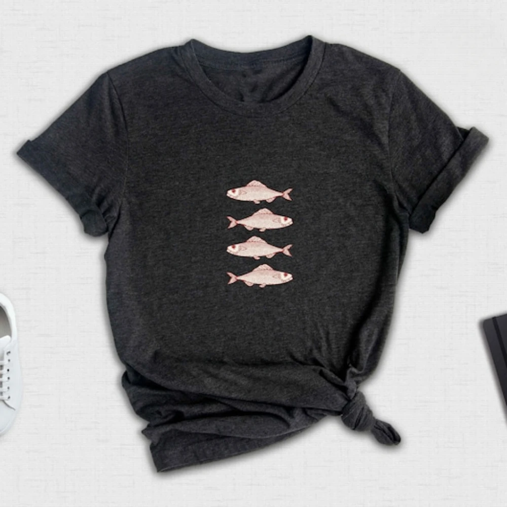 

Boho Fishy Bohemian Style T-Shirt Fish Sketch Tees Retro Boho Lovely Tops New Arrival Printed Cute Summer Fashion Short-sleeve