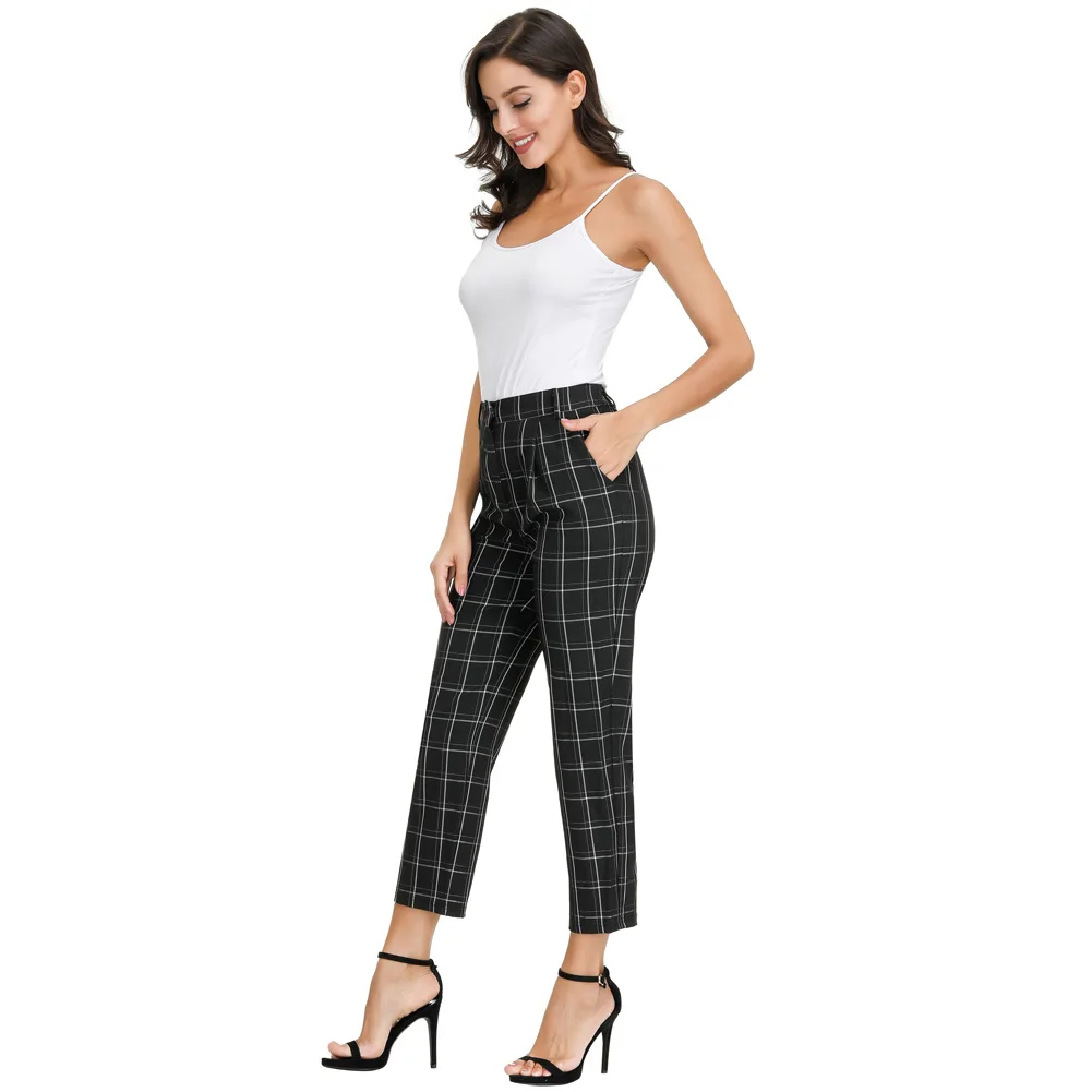 Capri Pants With Pockets With belt-fitted loops Women's 1pc Ankle Length Elastic Waist GK Plaided Skinny Pants