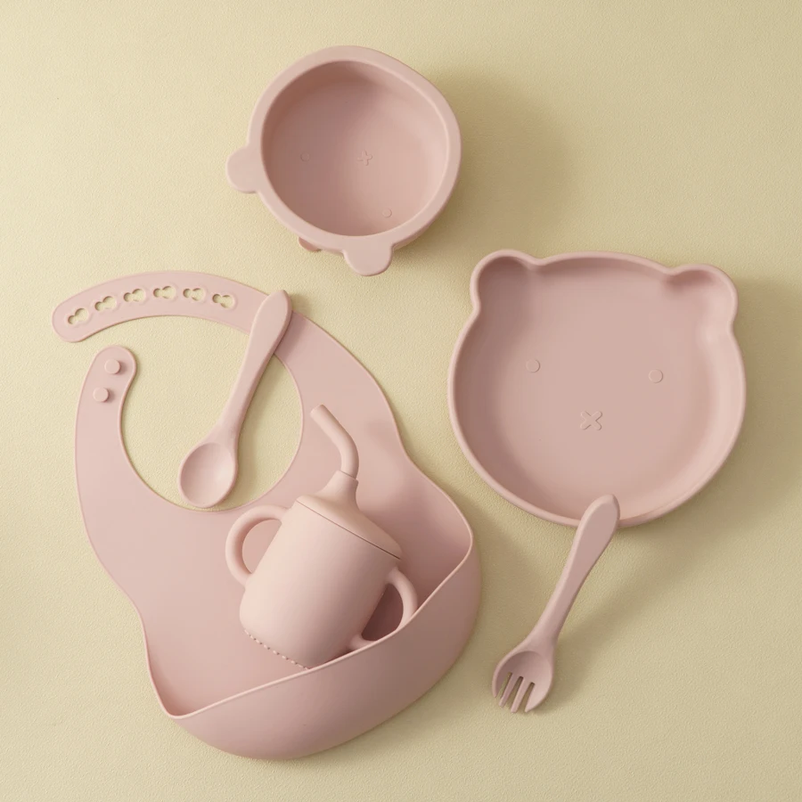 Color Kids Silicone Baby Feeding Set Adjustable Bib Cartoon Bear Shape Sucker Bowl Plate Portable Cup Utensils Tableware Sets 2