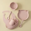 Color Kids Silicone Baby Feeding Set Adjustable Bib Cartoon Bear Shape Sucker Bowl Plate Portable Cup Utensils Tableware Sets 2