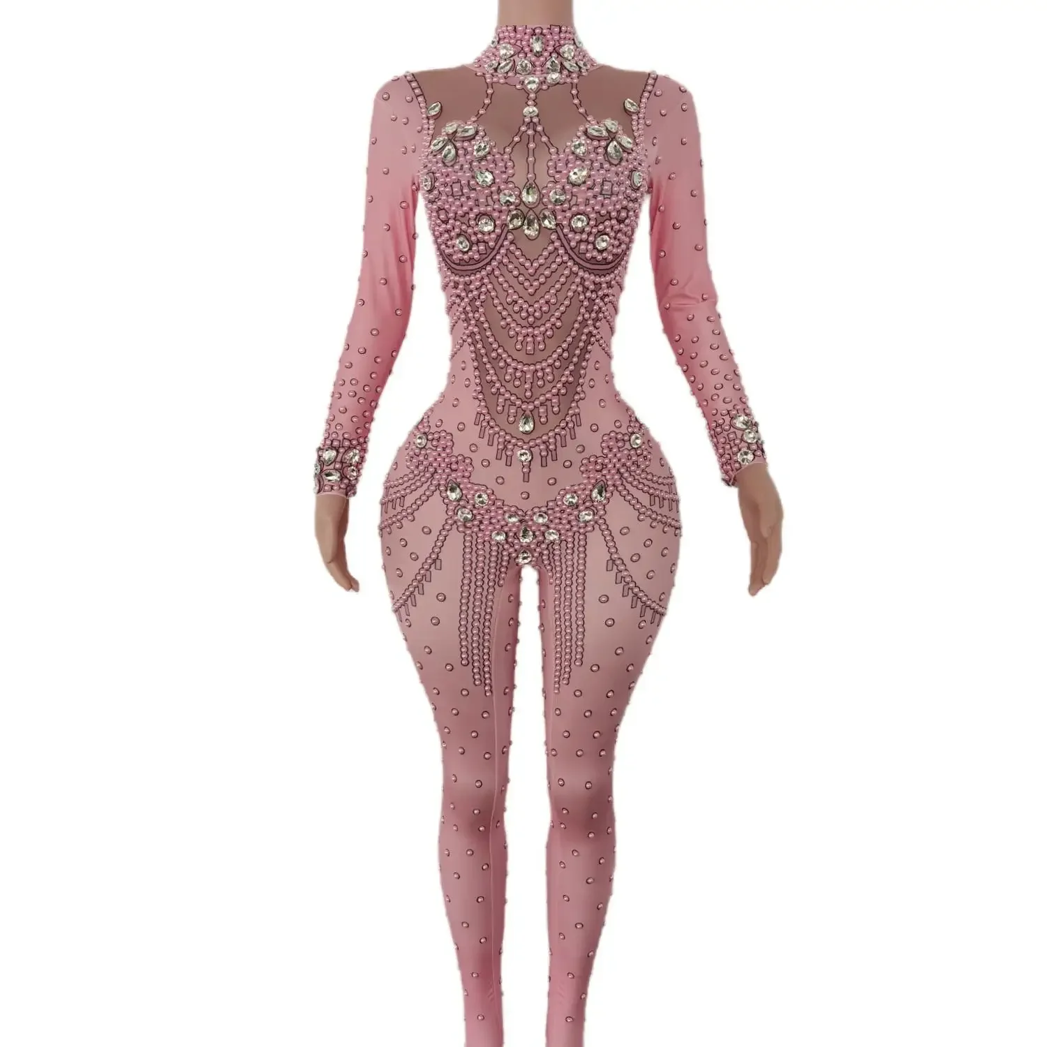 

Luxury Rhinestone Crystals Stretch Tight Pink Jumpsuits Nightclub Party Prom Dance Leotard Showgirl Celebrate Birthday Costumes