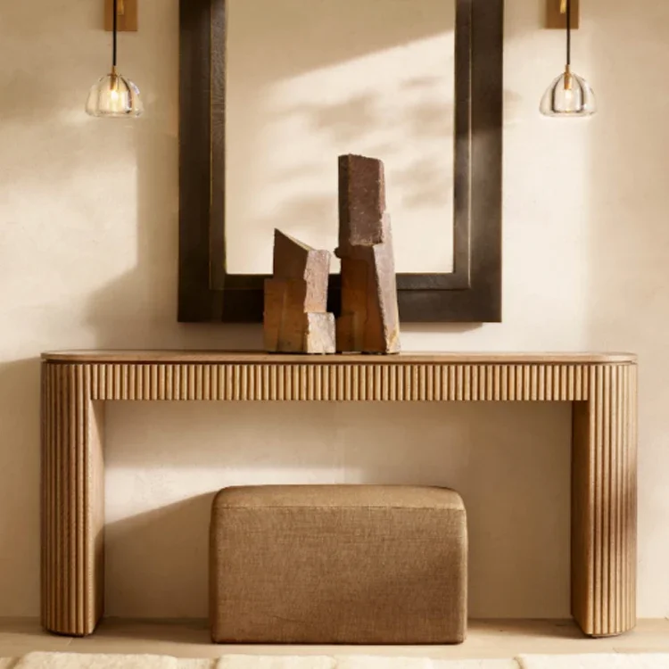 Modern Oak Entryway Table Furniture Wabi Sabi Fluted Wooden Narrow Console Tables for Living Room