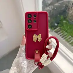 Elegant 3D Golden Bow Strap Lanyard Phone Case with Soft Rope Cover - Motorola Moto G10 Power (Red)