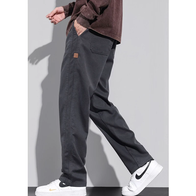 Autumn Winter Oversized Elastic Waist Lace Up Loose Casual Fashion Straight Pants Men Solid Color All-match Wide Leg Trousers