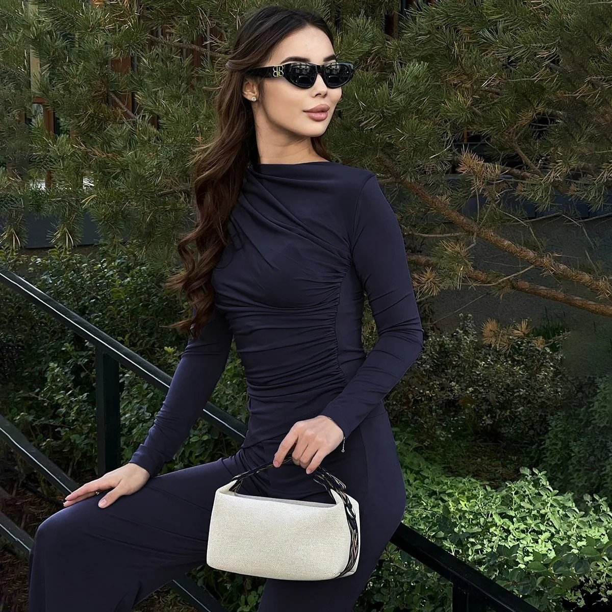 Fashion Autumn 2 Piece-Set Female Flared Pants Streetwear Slim Pleated Long Sleeve Casual Outfits Women's Pants Sets
