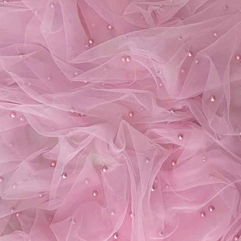 Imitation Pearls Soft Tulle Mesh Fabric Beading Lace DIY Sewing for Party Wedding Dress Curtain Romantic Background Decoration