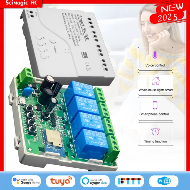 Tuya 4 Channel Smart WiFi 85-250V 7-32V Switch, Free APP Remote Control ,RF 433, Inching ,Self-lock ,Inter-lock,Works with Alexa 1