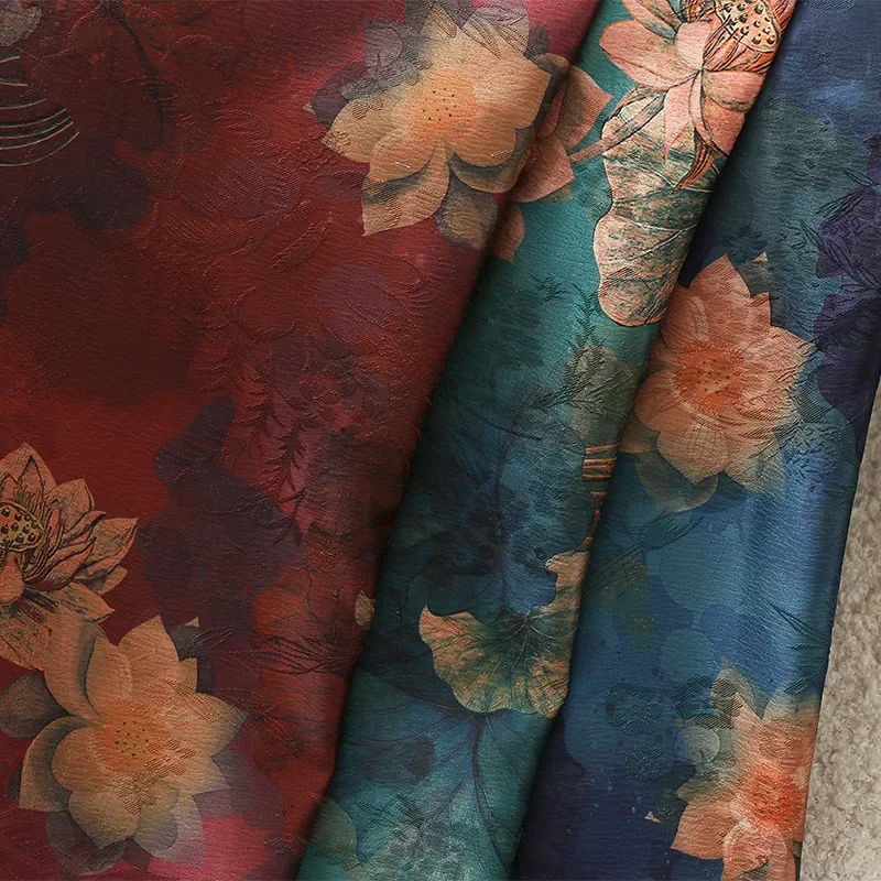 Red Cloud Silk Floral Print Fabric Spring Summer Hanfu Cheongsam Dress Material Abstract Flower Embroidery Traditional Chinese S