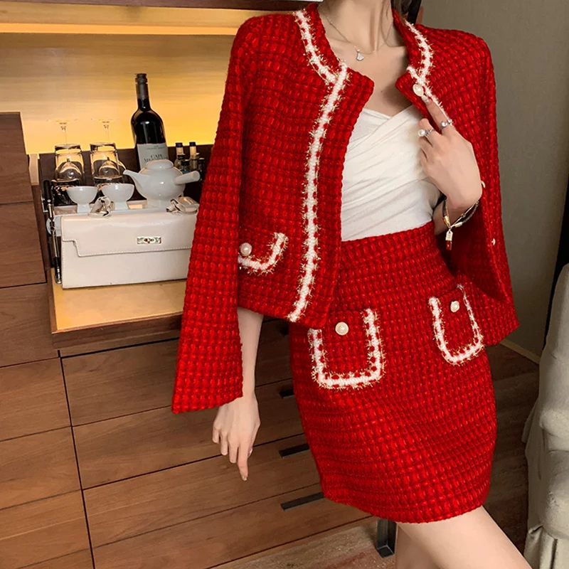 

2023 Autumn Winter New Small Fragrance Jacket Fashion Suits Women Temperament Tweed Coat + Skirt Two Piece Set Sweet Clothing