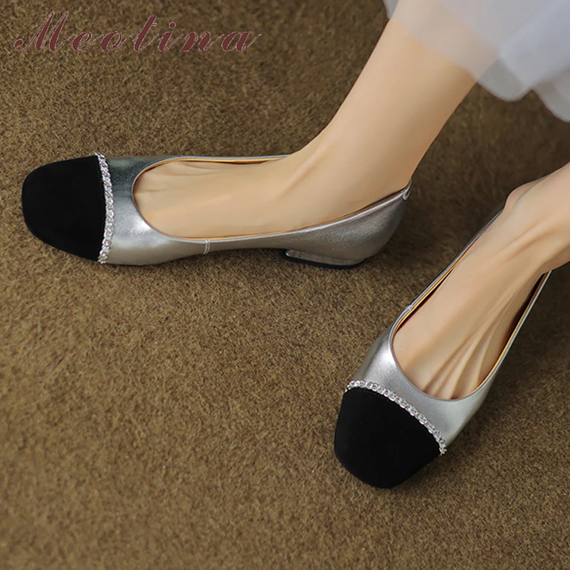 

Meotina Women Genuine Leather Flat Square Toe Mixed Colors Shallow Ladies Fashion Casual Shoes Spring Autumn Apricot Gold Silver