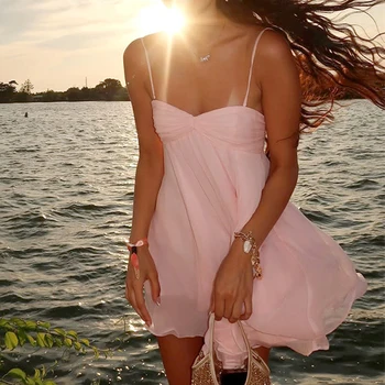 Abito Elegante da Donna Senza Maniche con Spalline Sottili, Mini Abito Sexy Monospalla in Chiffon con Dettagli Arricciati e Linea ad A, Stile Spicy Girl alla Moda