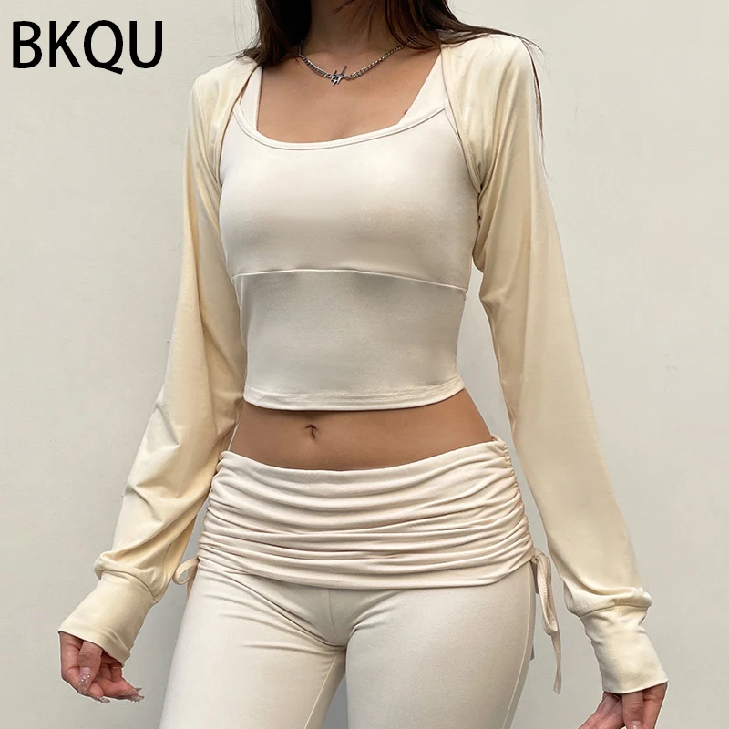 

BKQU модные комплекты из 3 предметов, женский весенний спортивный костюм, короткий топ с длинным рукавом + жилет + расклешенные брюки со шнуровкой, наряд, Повседневная Уличная одежда 2024