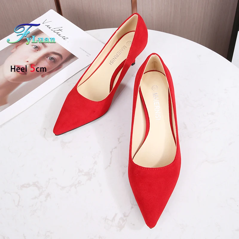 Comfort 5CM Thin High Heels Office Pointed Red Single Shoes Outdoor Walking Daily Women's Shoes Plus Size 46 Woman Suede Pumps 3
