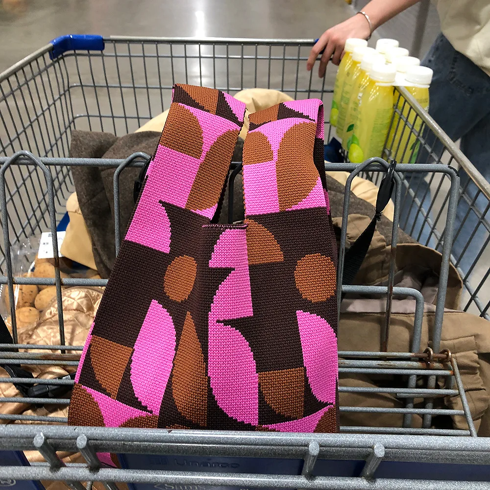 Women's Knitting Fabric Knot Wrist Handbag Stripe Chequer Chess Design Shoulder Shopper Bag Decoration Purses Woolen Travel Tote