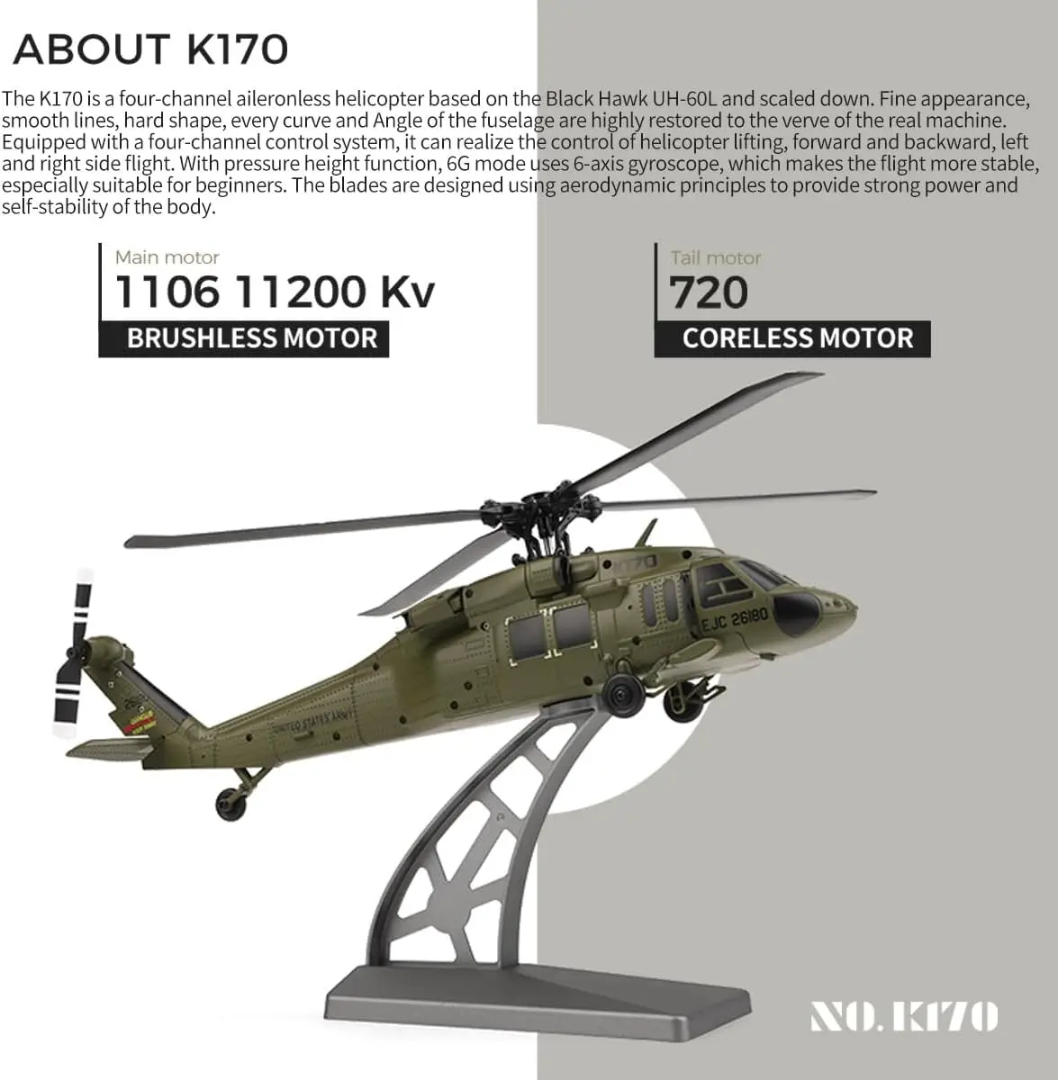 WLtoys K170 RC 헬리콥터 (자이로 탑재) UH-60L 2.4Ghz 4채널 6축 자이로스코프 RC 비행기 브러시리스 모터 LED 조명 포함 어린이용 RC 장난감