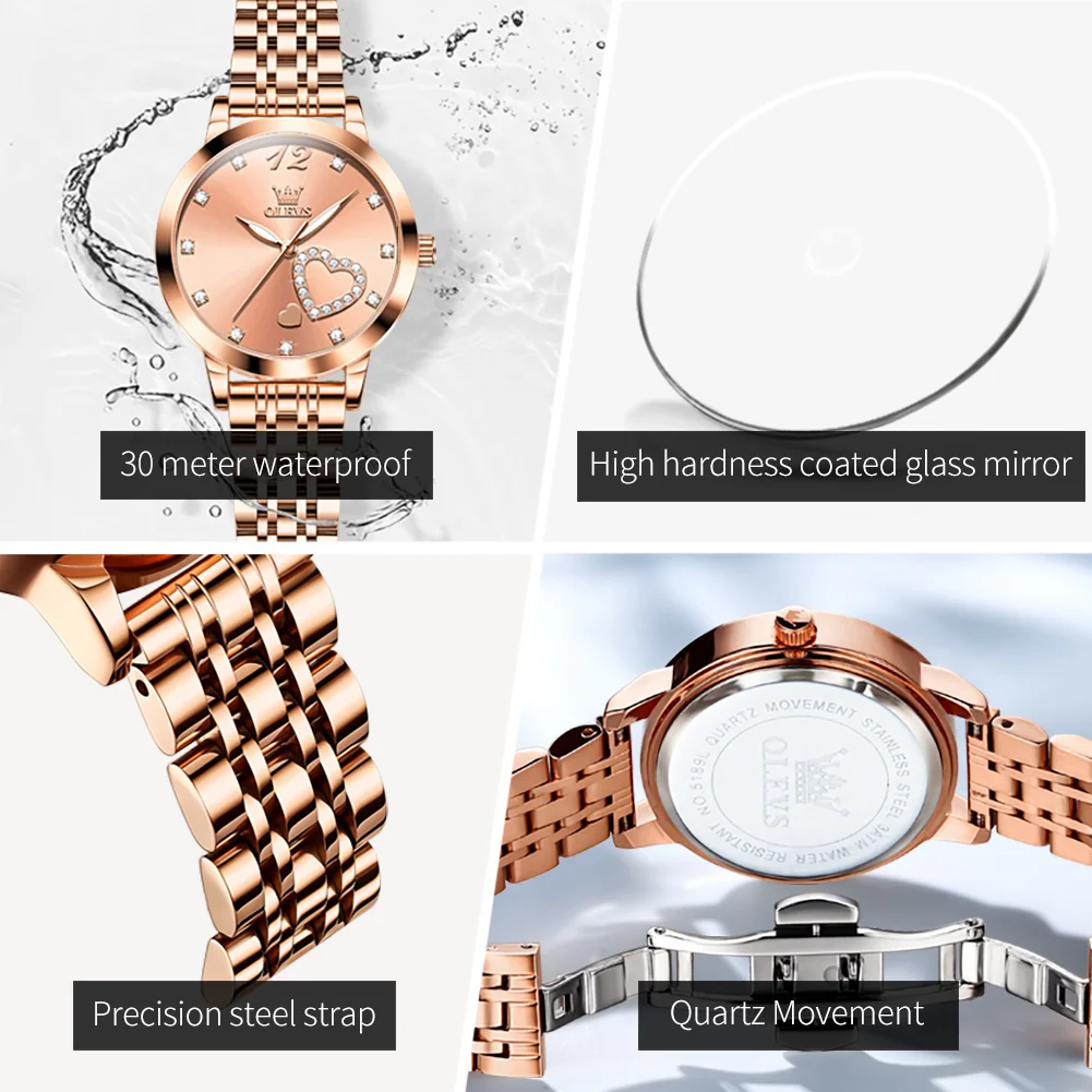 OLEVS Luxury Rose Gold Quartz Watch Women Stainless Steel Strap Waterproof Fashion Womens Watches Top Brand Luxury Wristwatches