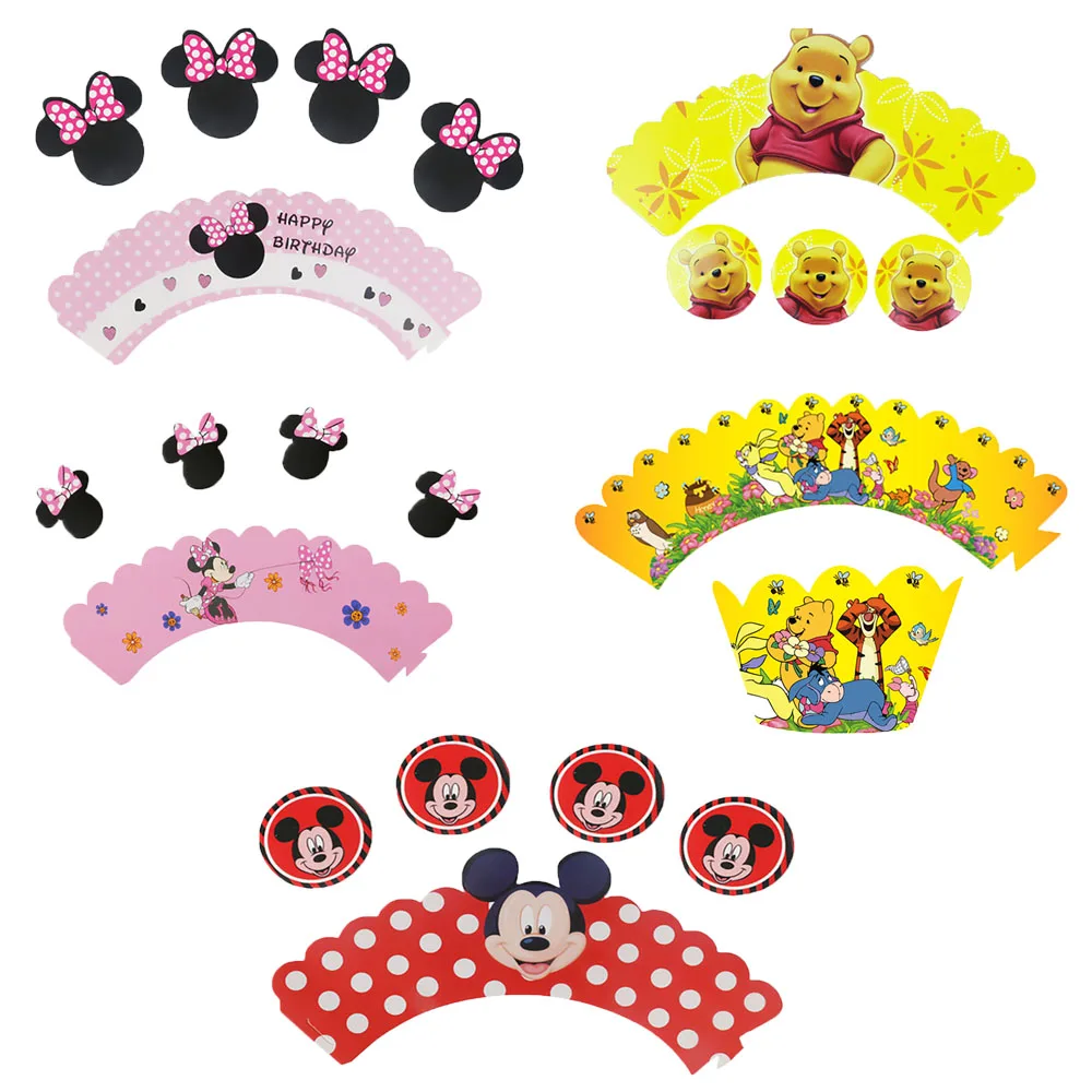 

Mickey Cake party 12pcs Wrappers + 12pcs Toppers Minnie Mouse Colored Paper Cupcake Cake Kids Birthday Party Decoration Supplies